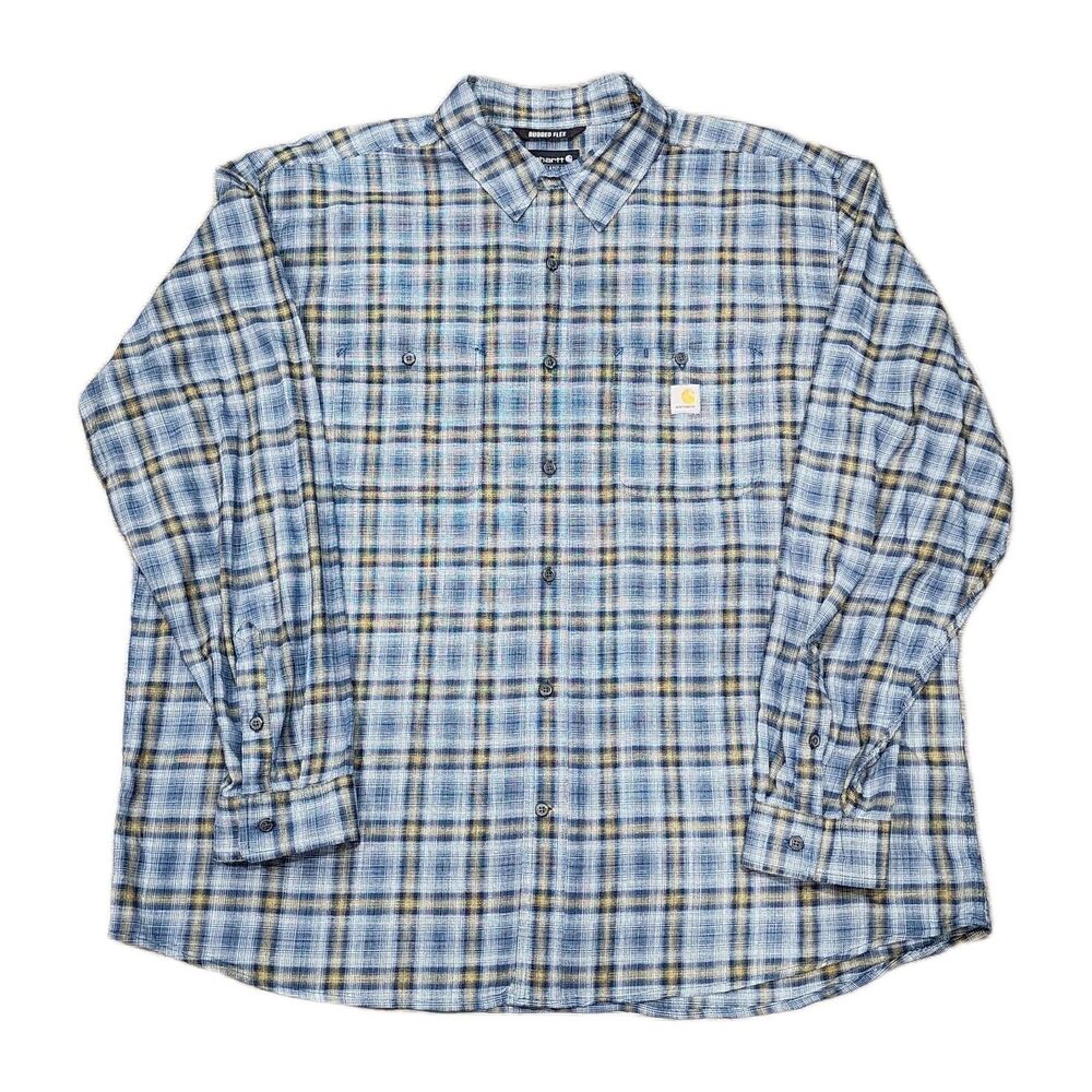 Carhartt Shirt Mens 2XL Blue Yellow Rugged Flex Relaxed Fit Stretch Button-Up - Picture 1 of 6